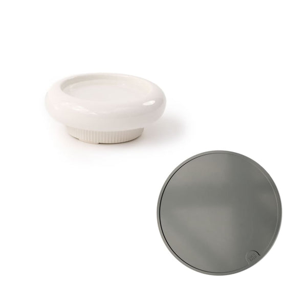 MYCO ceramic cat bowl in white and CIRCLE bowl mat in grey as a set, product view