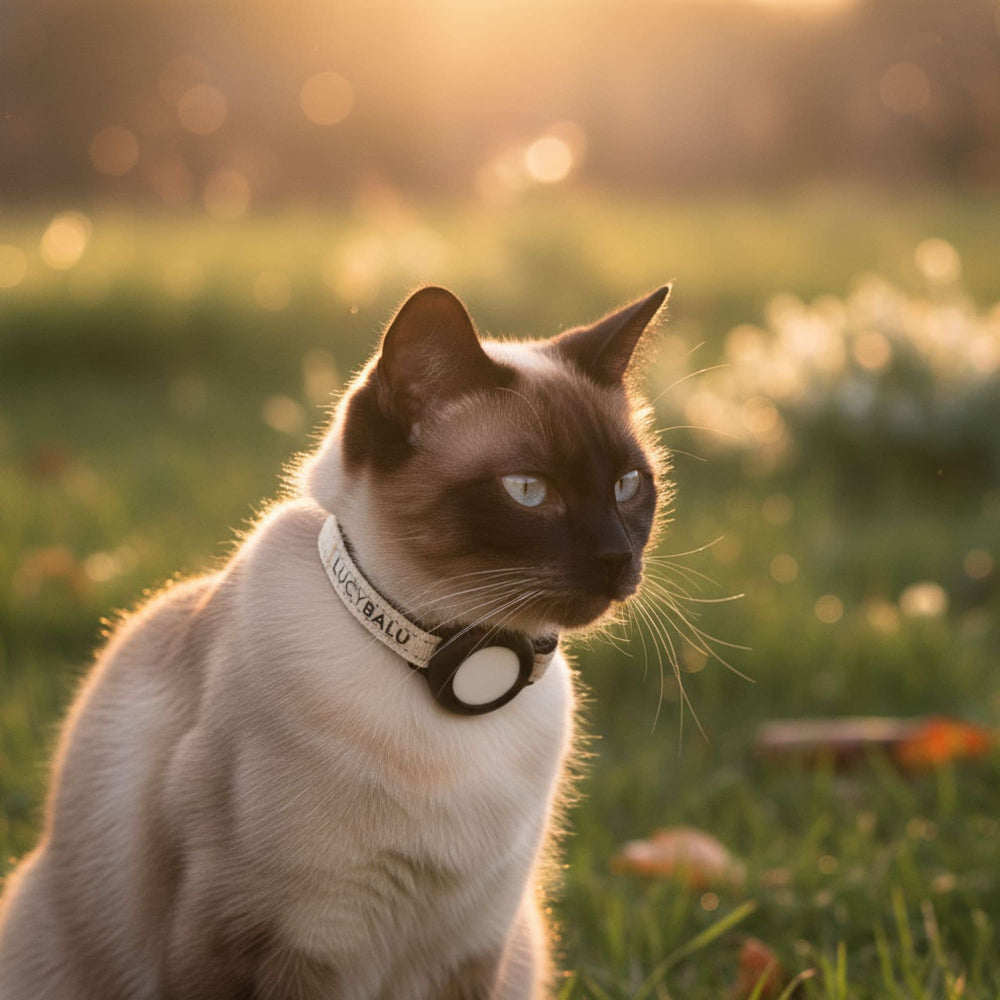 Un chat dans un pré ensoleillé avec collier pour chat DORI couleur sable et AirTag