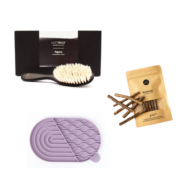 Cat Wellness Set : brosse pour chat FIGARO à manche noir, bâtonnets de matatabi et tapis de léchage lilas