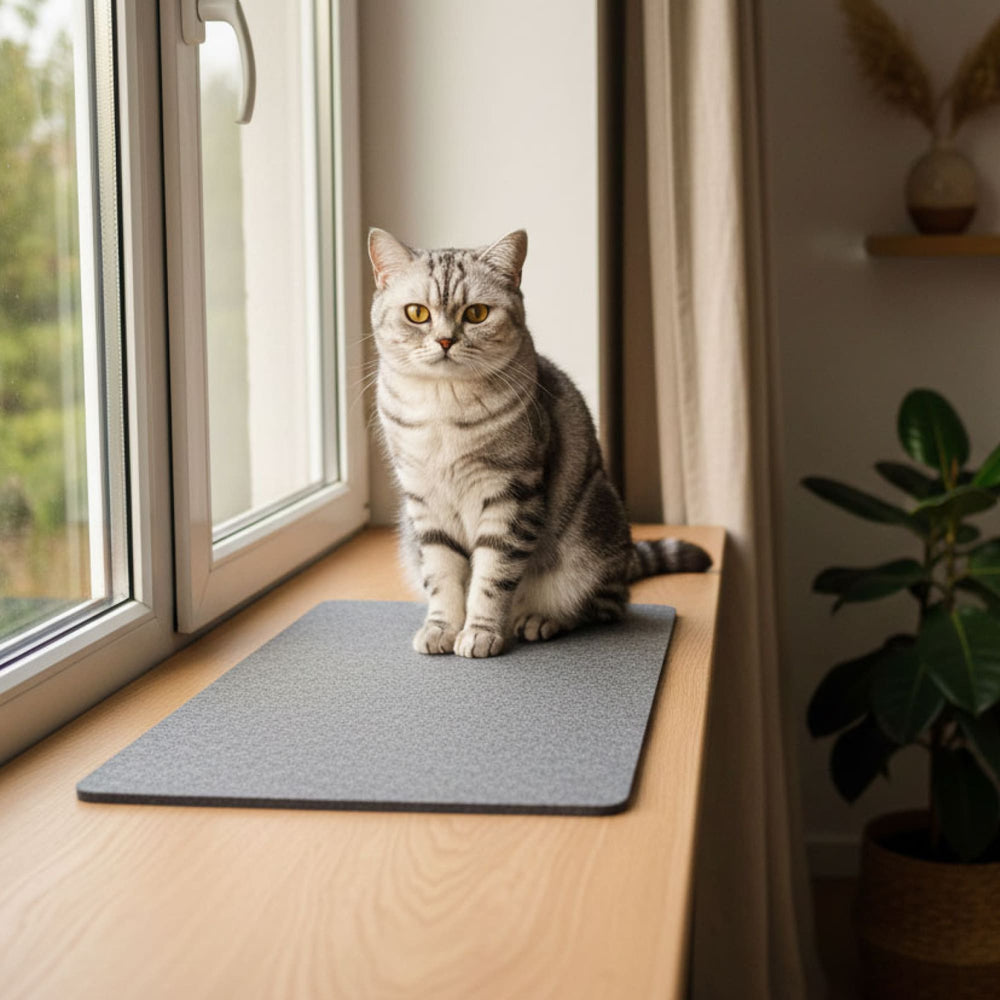 Kat zit op grijze FELTY viltmat op een vensterbank