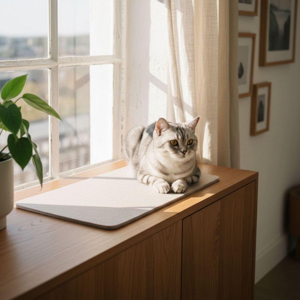 Kat zit op zandkleurige FELTY viltmat op een dressoir bij het raam