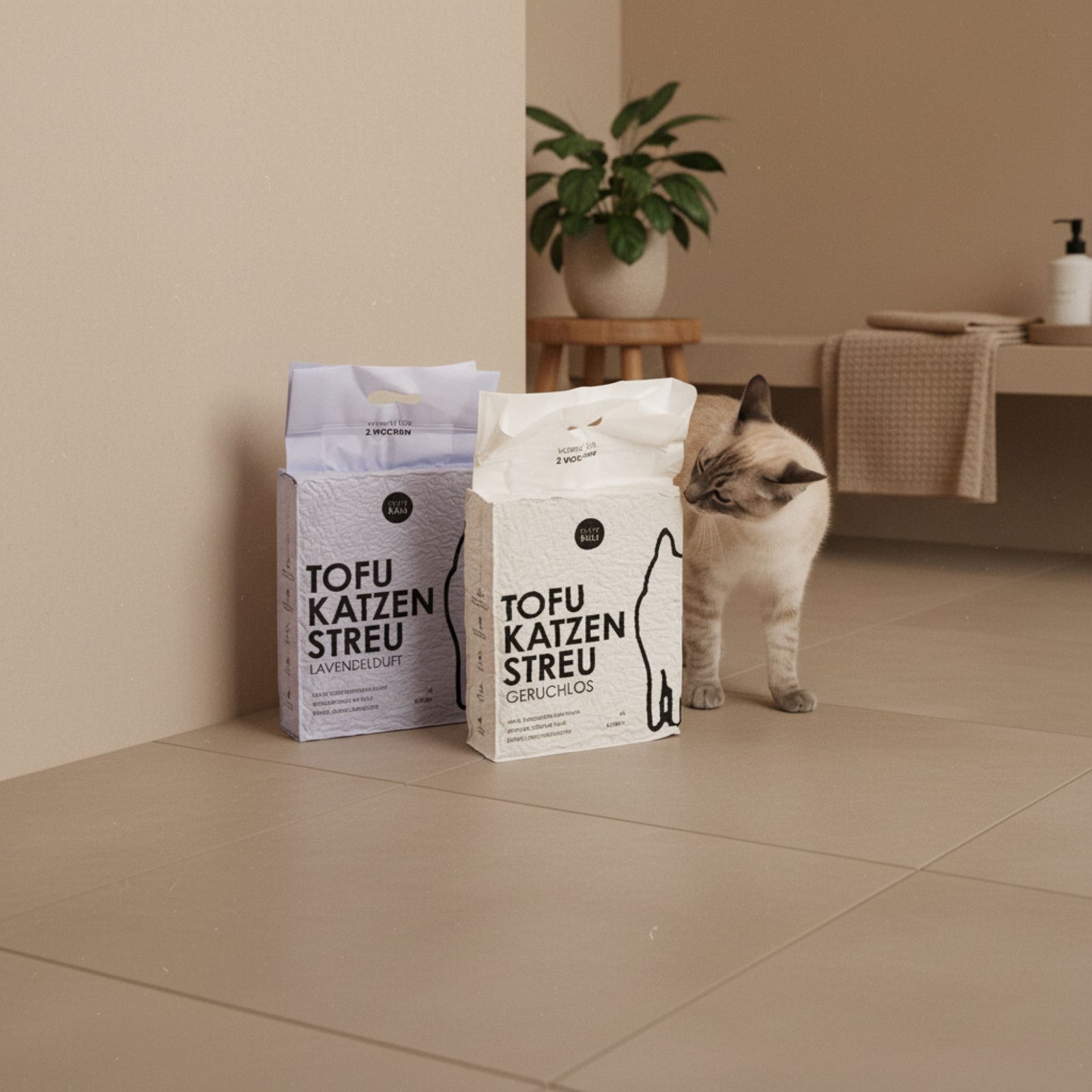 Katze mit zwei Katzenstreu Beuteln in den Varianten Geruchslos und Lavendel