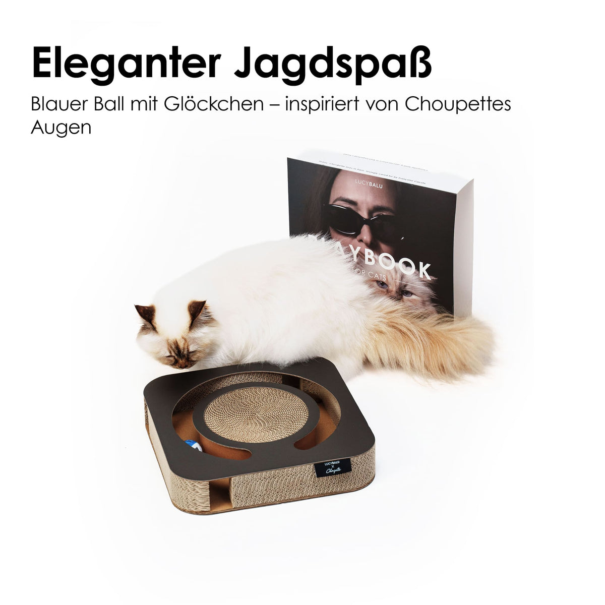 Edles Kratzspielzeug für Katzen mit Kartonummantelung in Buchoptik und integriertem Spielball.