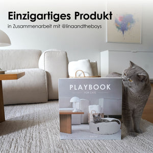 Graue Katze sitzt neben dem LucyBalu Playbook im Wohnzimmer und riecht an der Verpackung im Table Book Stil.