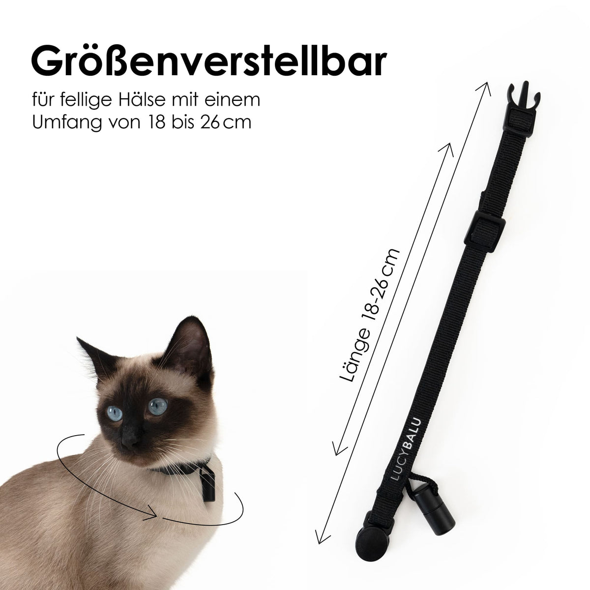 Größenverstellbares Katzenhalsband aus Nylon – ideal für Halsumfang von 18 bis 26 cm.