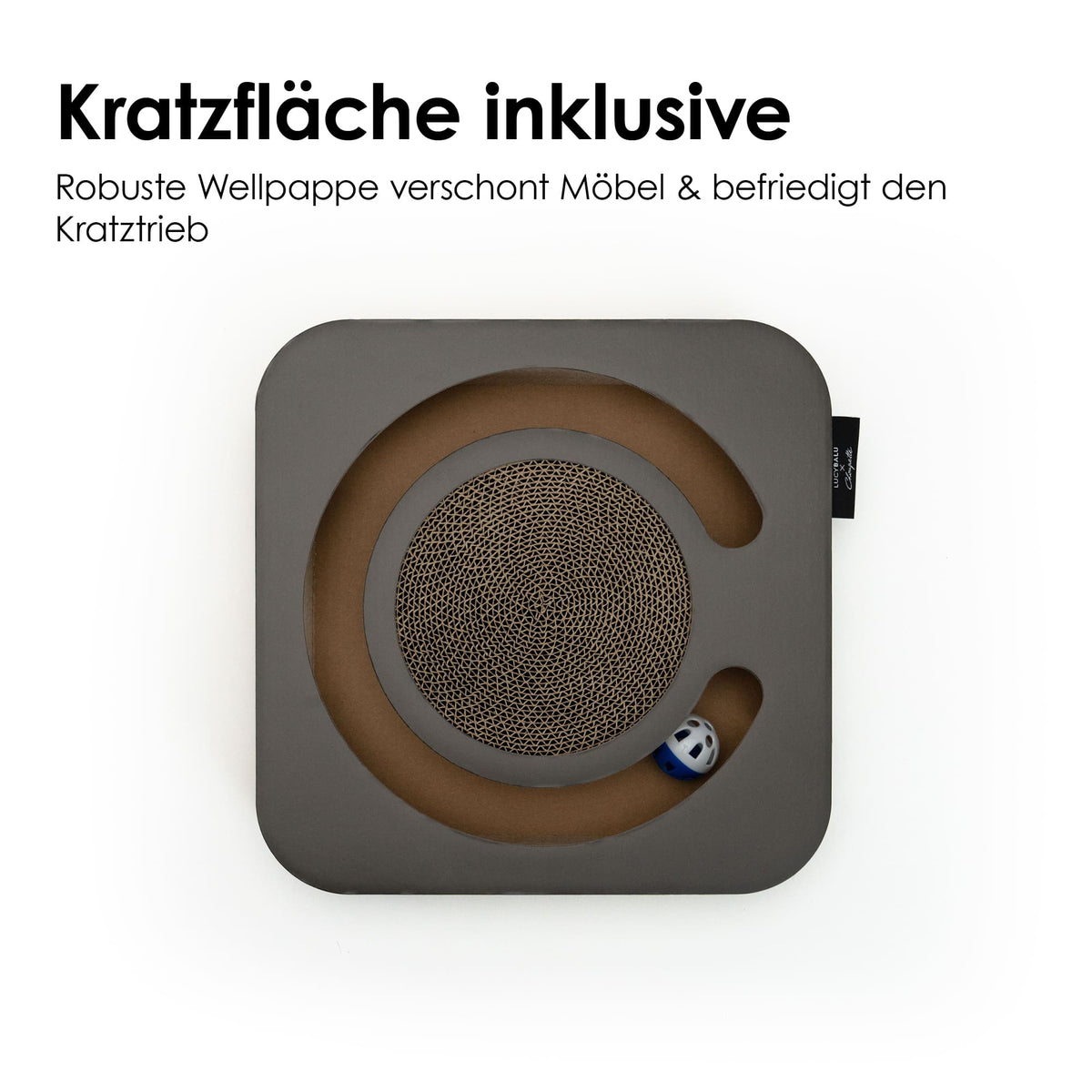 Runde Kratzfläche aus Wellpappe und integrierte Ballbahn – perfekte Kombination für Krallenpflege und Spielspaß.