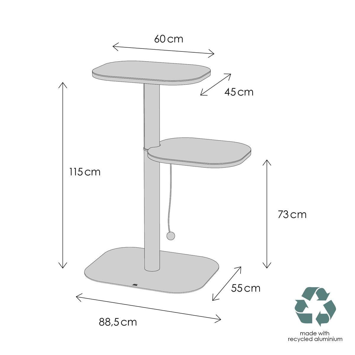 Abmessungen moderner Kratzbaum mit zwei Plattformen und nachhaltigem Aluminiumfuß.