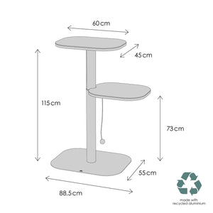 Abmessungen moderner Kratzbaum mit zwei Plattformen und nachhaltigem Aluminiumfuß.