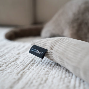 Nahaufnahme eines beigen Cord Bunnykick Kissens mit sichtbarem Kick Bunny Label