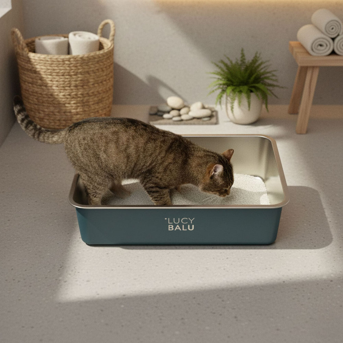 Tigerkatze erkundet Katzentoilette in Petrolfarbe mit Edelstahl-Innenwanne – modernes Badezimmer mit Naturdeko im Hintergrund.