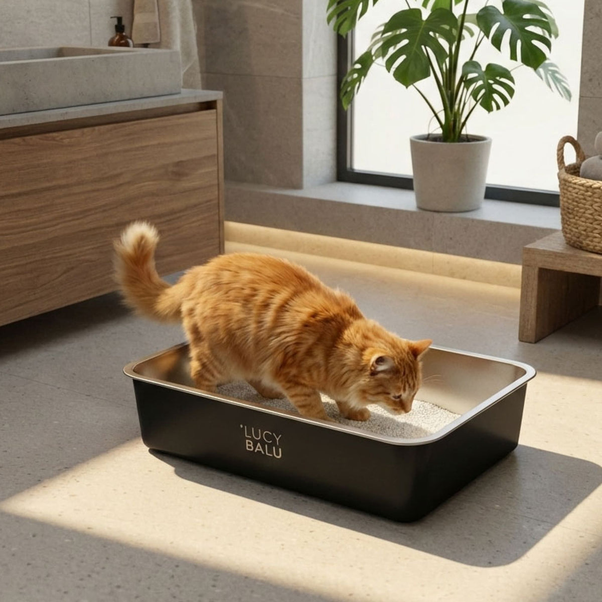 Rote Langhaarkatze kratzt in schwarzer Katzentoilette mit Edelstahlwanne – stilvoller Badezimmerbereich mit großem Fenster und Monstera-Pflanze