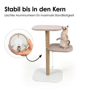 Stabiler Kratzbaum mit leichtem Aluminiumkern im Inneren für maximale Standfestigkeit, mit spielender Siamkatze und Detailansicht des Innenaufbaus.