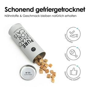 Umgekippte Dose mit der Aufschrift „Pure Snack for Cats – 100 % Chicken“, aus der würfelförmige gefriergetrocknete Katzenleckerlis herausfallen, daneben Symbolgrafiken.
