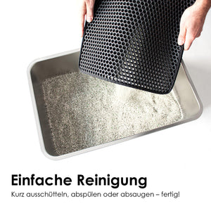 katzenstreu wird aus streumatte in ein katzenklo gescühttet, mit text: "einfache reinigung"