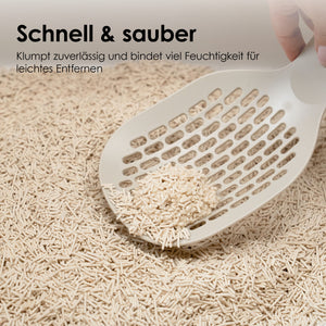 Nahaufnahme von einer Katzenklo-Schaufel, erkennbar ist ein Klumpen Katzenstreu mit Text: Schnell & sauber