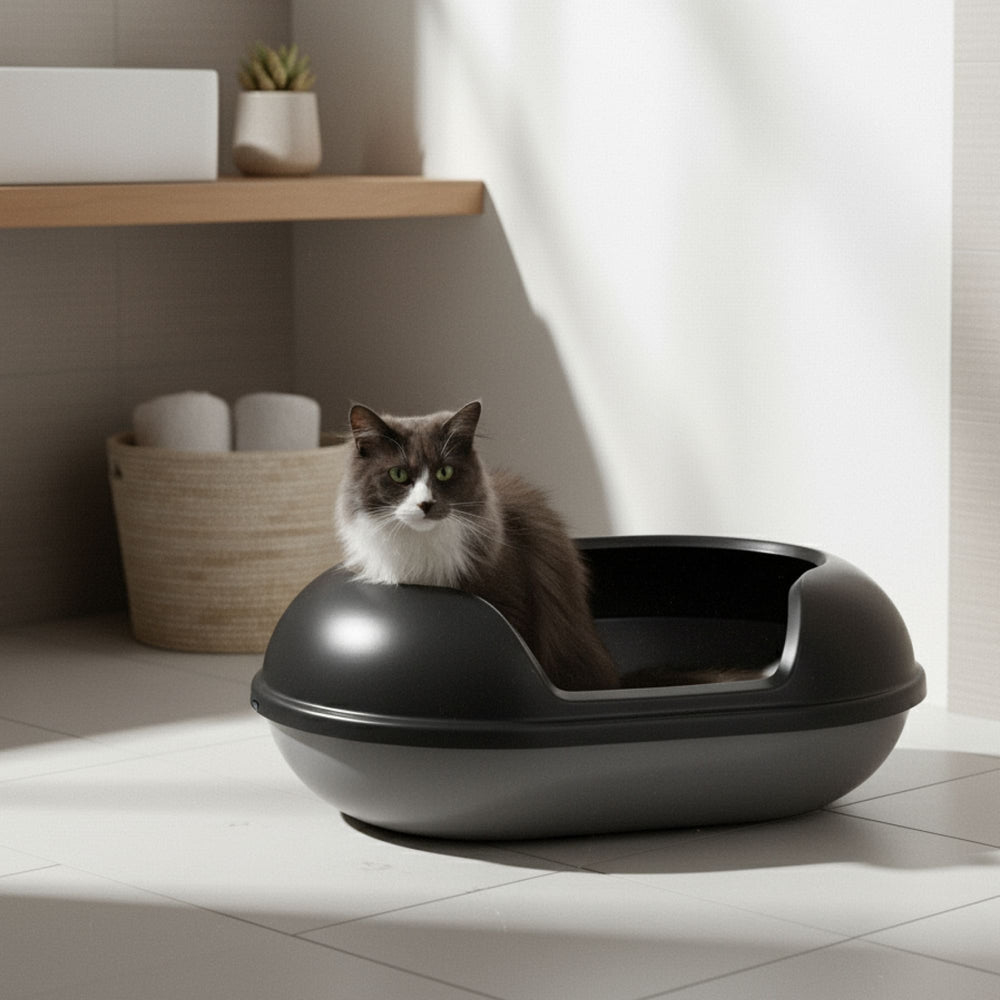 Langharige kat zit in de antracietkleurige ARENA kattenbak in de badkamer