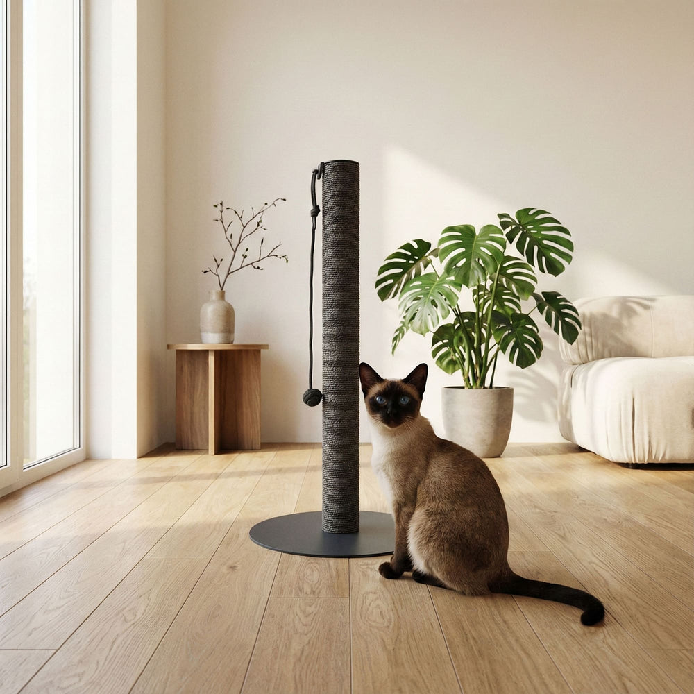 Siamkatze sitzt neben der PAPERPOLE Kratzsäule in Anthrazit – modernes, helles Wohnzimmer mit Monstera.